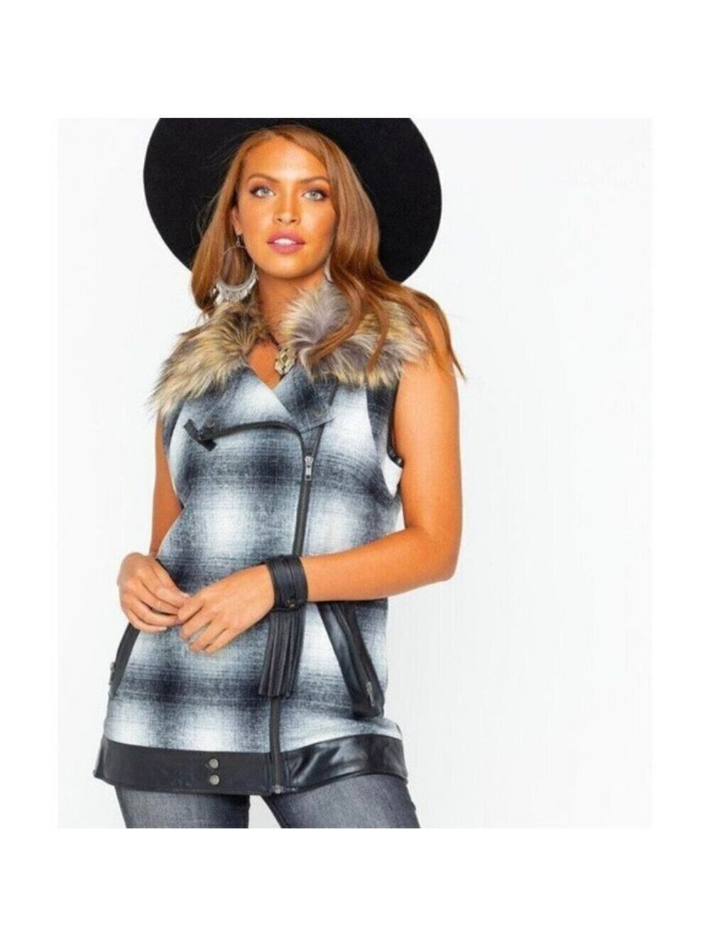Tasha Polizzi Yorkshire Vest Wool Blue Plaid Faux Fur Collar Faux Leather Trim M